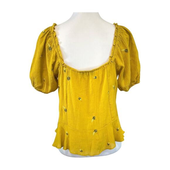 Sugar Lips Yellow Puff Sleeve Peplum Blouse Medium Embroidered Cottagecore girly - Picture 4 of 12